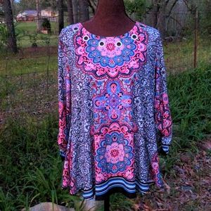 New Directions Grommet  Neckline in Black, Blue & Red Floral/Paisley Pattern